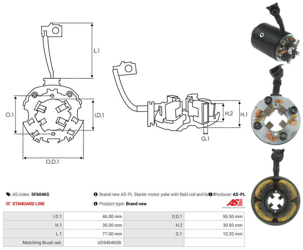Brand new AS-PL Starter motor yoke with field coil and brush