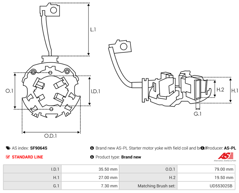 Brand new AS-PL Starter motor yoke with field coil and brush