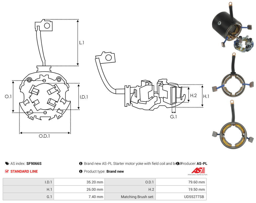 Brand new AS-PL Starter motor yoke with field coil and brush