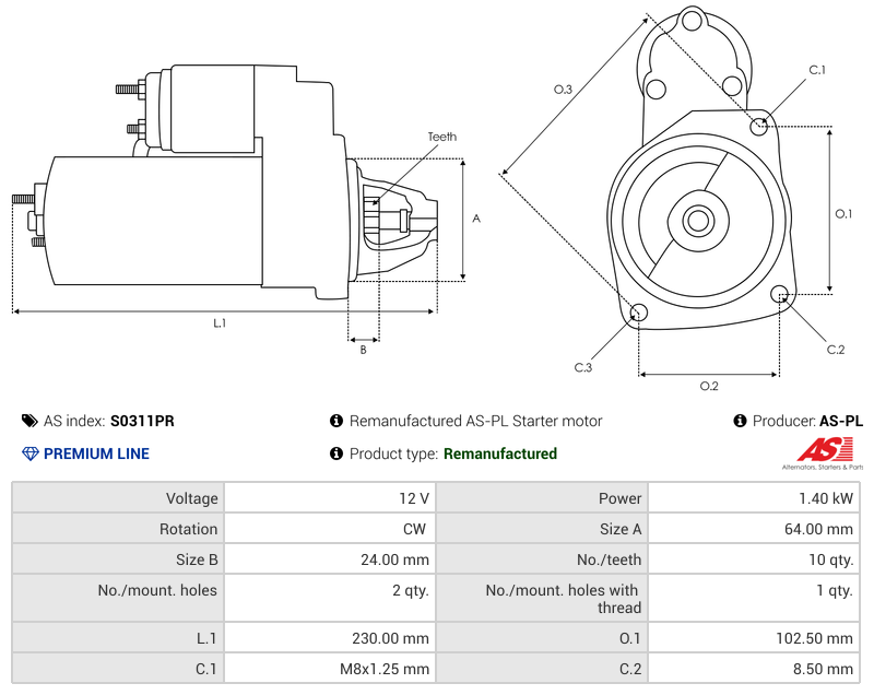 Remanufactured AS-PL Starter motor
