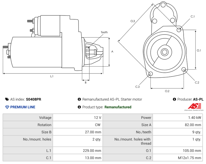 Remanufactured AS-PL Starter motor