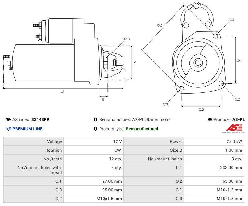 Remanufactured AS-PL Starter motor