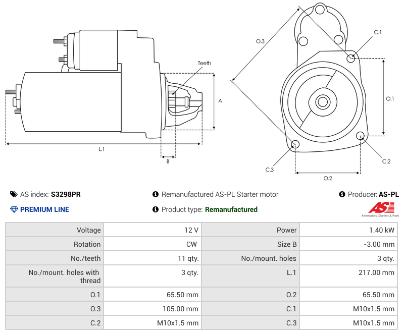 Remanufactured AS-PL Starter motor