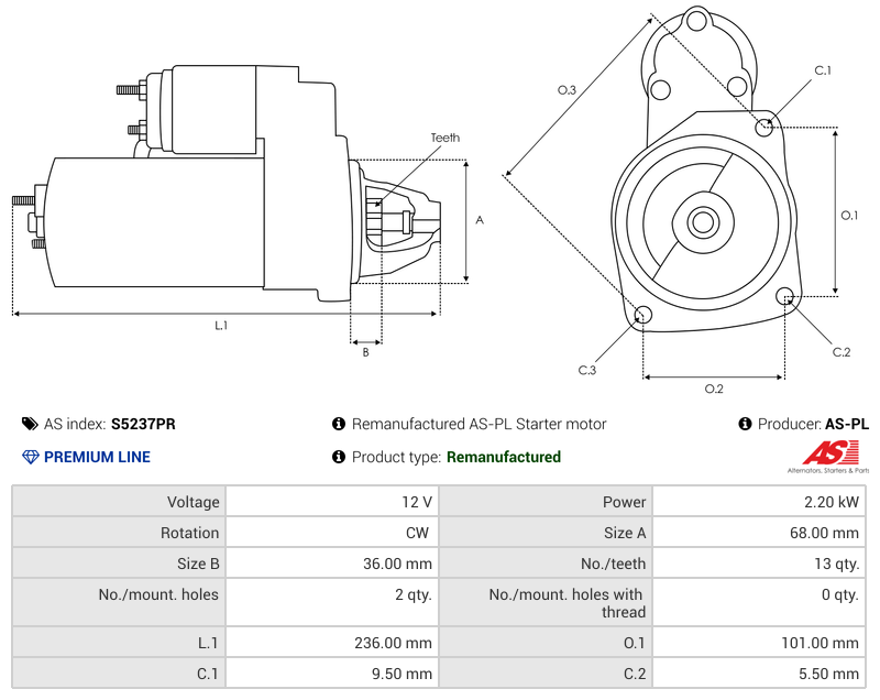Remanufactured AS-PL Starter motor