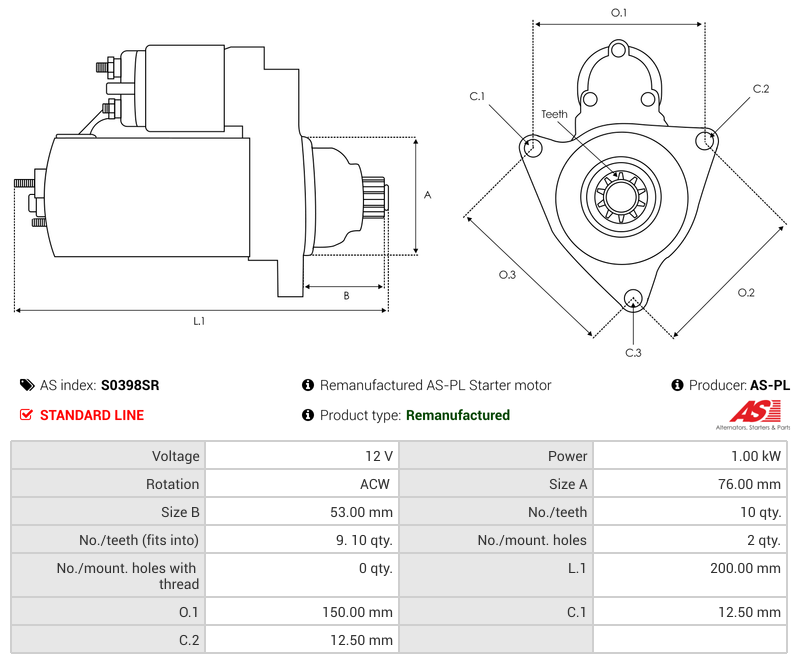 Remanufactured AS-PL Starter motor