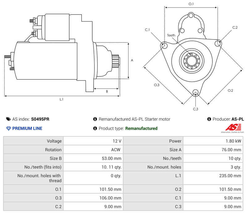 Remanufactured AS-PL Starter motor