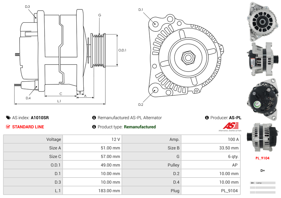 A1010SR AS-PL Remanufactured AS-PL Alternator