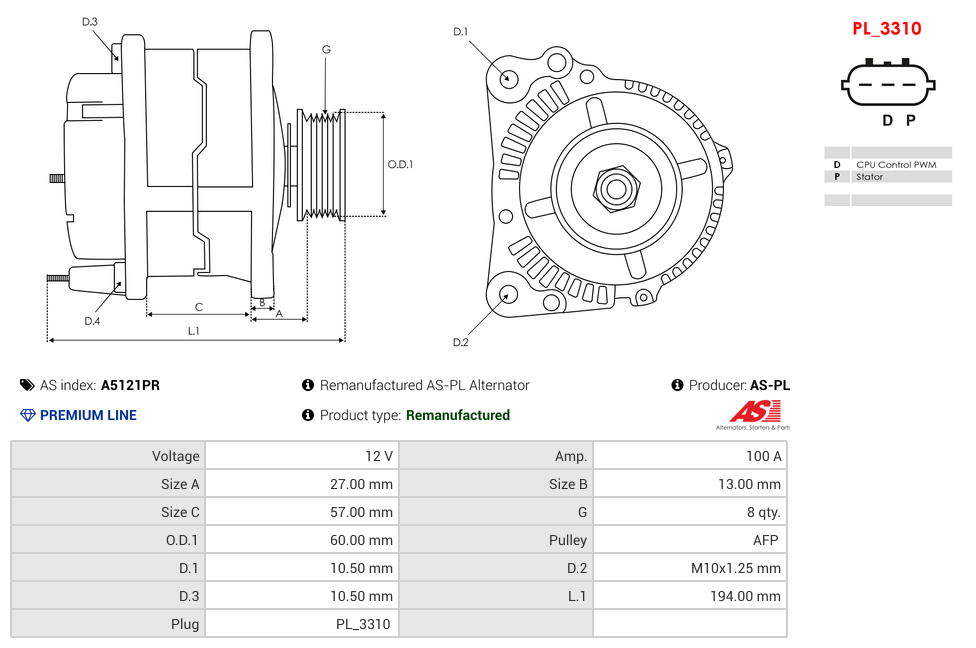 Remanufactured AS-PL Alternator