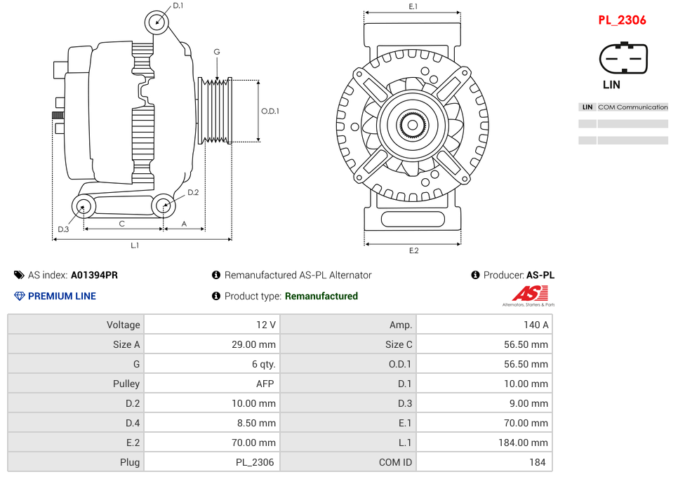Remanufactured AS-PL Alternator